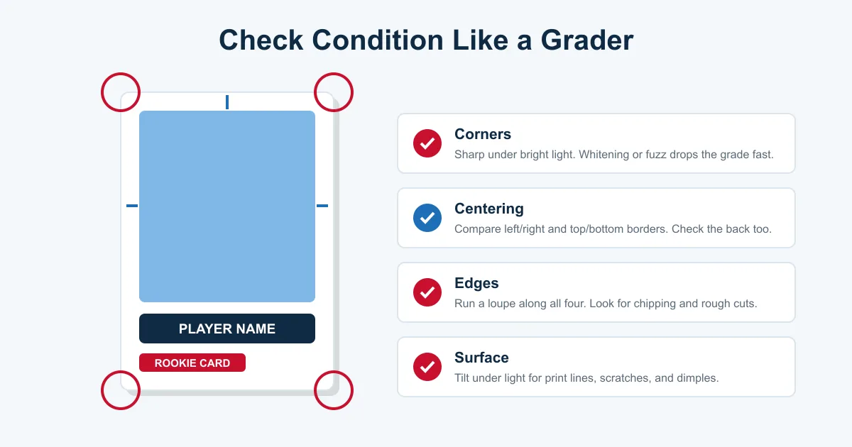 Diagram showing the four condition checks on a hockey card: corners, centering, edges, and surface