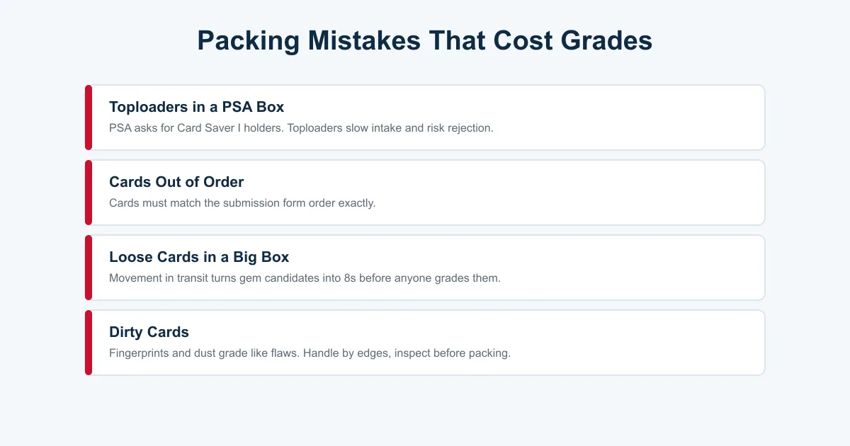 Packing mistakes that cost grades including toploaders, cards out of order, loose cards, and dirty cards