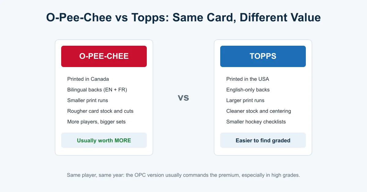 Comparison of O-Pee-Chee versus Topps hockey cards showing OPC's Canadian printing, bilingual backs, smaller print runs, and higher values