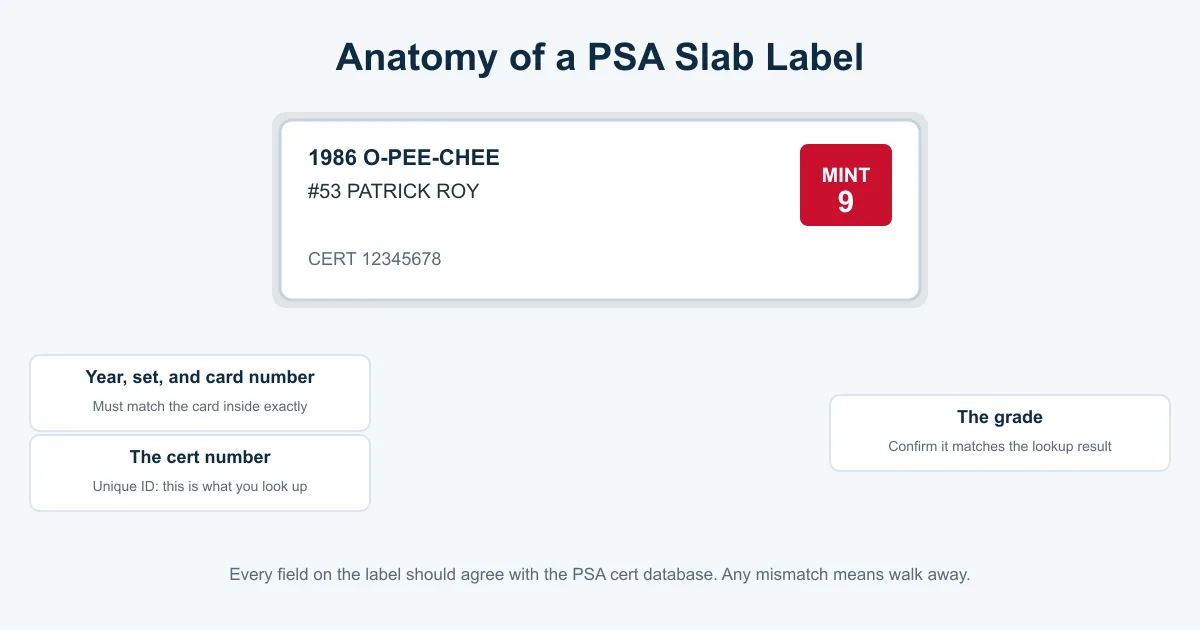 Diagram of a PSA slab label showing the card description, cert number, and grade fields to verify