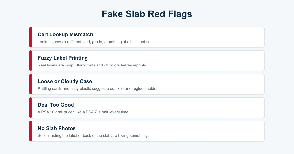 Red flags for fake PSA slabs including cert mismatches, fuzzy label printing, loose cases, and too-good prices