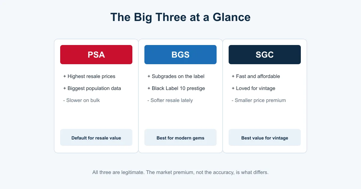 Comparison of PSA, BGS, and SGC grading companies showing each company's strengths and best use cases