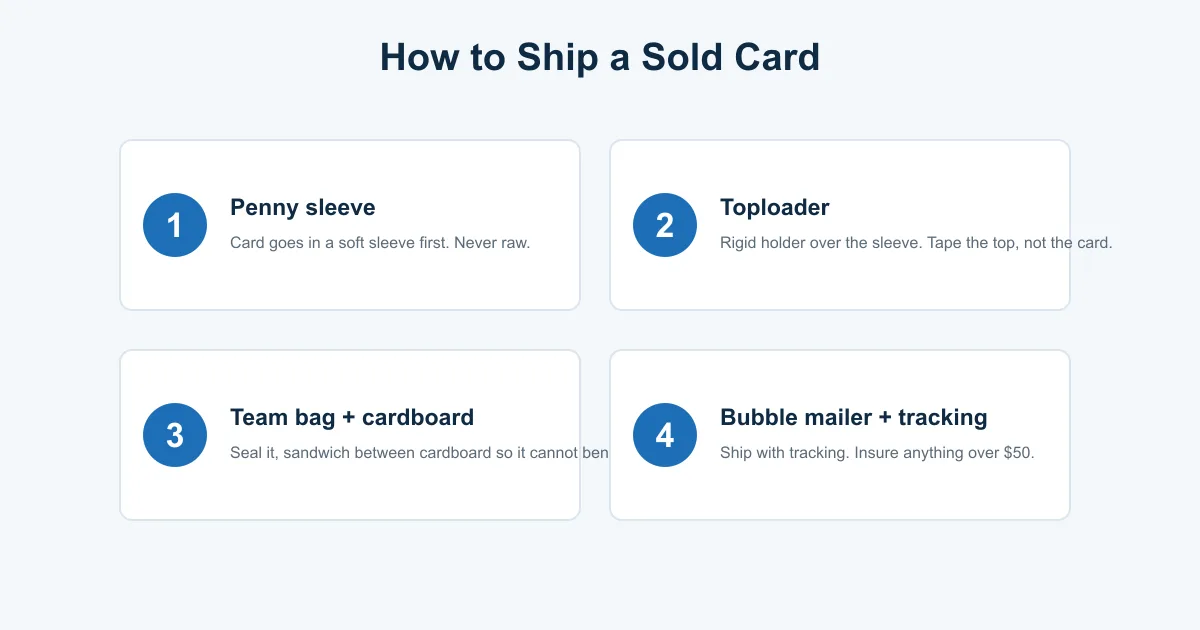 Four steps to ship a sold hockey card safely: penny sleeve, toploader, team bag with cardboard, and tracked bubble mailer